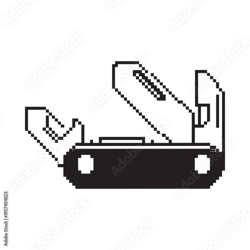 A pixelated black and white illustration of an open swiss army knife