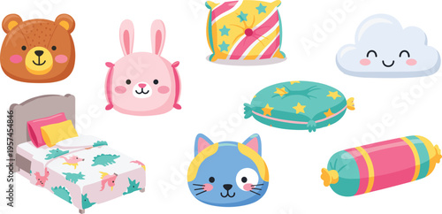 Cartoon Bedding Vector Illustration Showing Pillow Blanket and Cushion