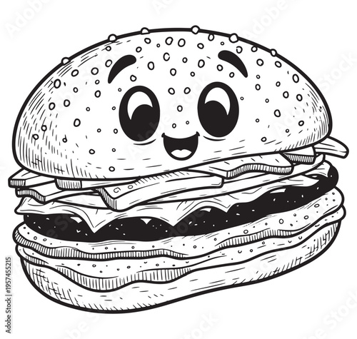 a cartoonish drawing of a smiling hamburger with a face on a bun