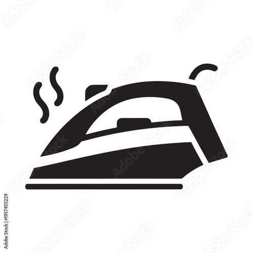 Simple black and white icon depicting a steam iron in profile view