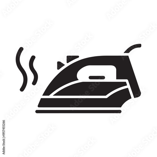 Simple black and white illustration of a steam iron on a base