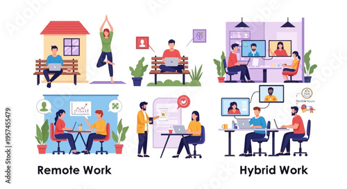 Remote and Hybrid Work Models: Flexible Work-Life Balance and Modern Office Environments Illustration
