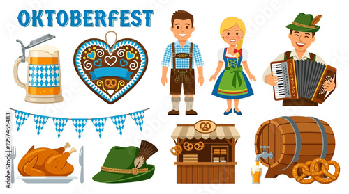 Collection of Bavarian Oktoberfest icons beer stein gingerbread heart people music food and barrel