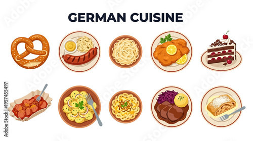 Ten stylized illustrations of popular German food items arranged in two rows