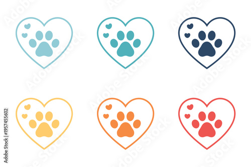 Animal Paw Heart Icons Pet Love Care Veterinary Dog Cat Pawprint Adoption Compassion Flat Design Vector Illustration Set