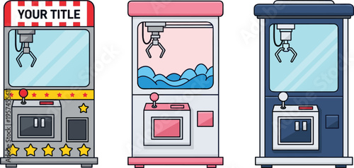 Claw machine arcade cabinets set with customizable title and different styles prize grabber vector illustration collection