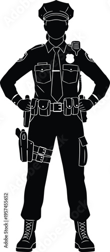 Full length black silhouette of a female police officer in professional uniform with duty belt radio and holster standing isolated on white background