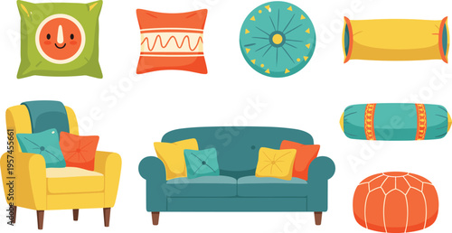 Furniture Vector Illustration Showing Sofa Armchair Cushion and Pouf