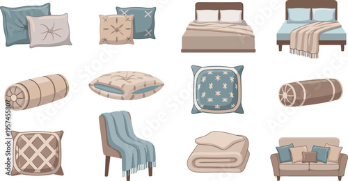 Home Decor Vector Illustration Showing Bed Sofa Pillow Blanket and Chair