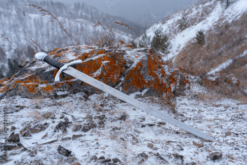 A longsword rests on a snow-dusted rock formation against a backdrop of wintery hills.