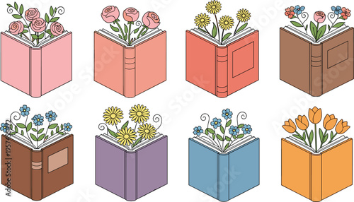 Flower boxes collection with blooming plants in colorful pots decorative garden floral vector illustration set