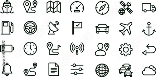 Fleet navigation tracking outline icon set featuring vehicle location monitoring logistics interface symbols for transportation management applications