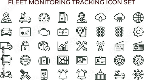 Fleet monitoring tracking outline icon set featuring vehicle diagnostics navigation analytics interface symbols for transportation management applications
