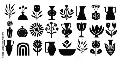 A collection of black and white vector icons featuring various botanical elements and pottery art