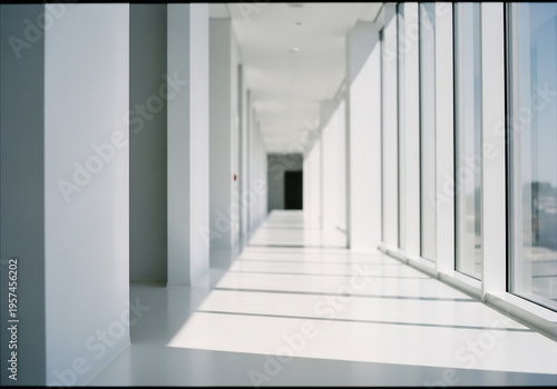 Brightly illuminated long hallway shows perspective beautifully