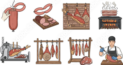Meat Processing Vector Illustration Showing Sausage Ham Bacon Butcher and Cured Rack