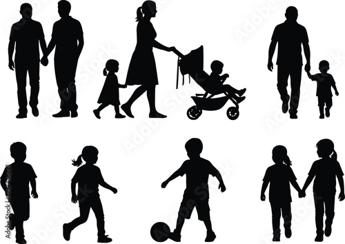 Silhouettes of diverse family members and children engaging in various activities