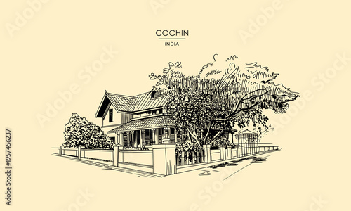 Cochin India house sketch with trees and fence drawing