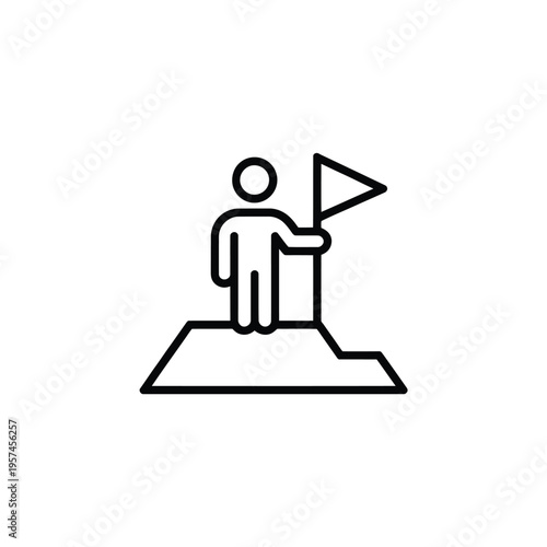 A simple line drawing of a person planting a flag on a peak