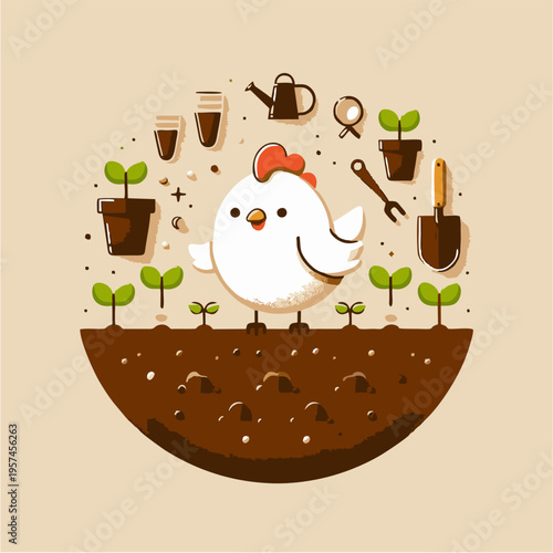 Set of cute cartoon vector illustrations featuring healthy fruit like green apples, sweet chocolate dessert cake icons, and decorative Easter eggs with summer flowers and nature leaves