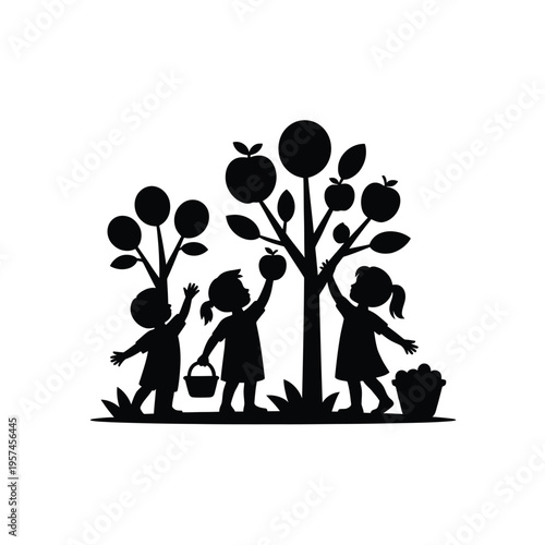 Children reaching for apples in a silhouetted orchard scene