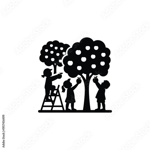 Children picking apples from trees in a simple black silhouette style