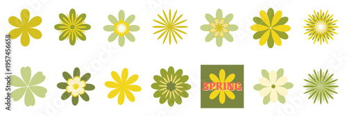 Flower petal simple for hippie springtime round and minimal simplicity elements. Kid pop graphic for funny vibrant geometric and sticker pop art badge. Flower icon set shape for hippie.