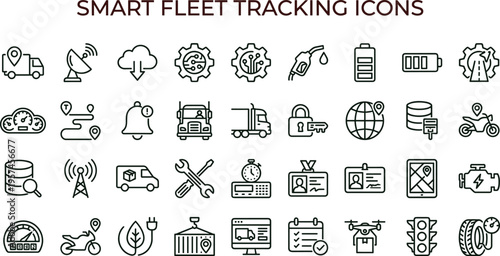 Smart fleet tracking outline icon set featuring vehicle monitoring diagnostics navigation analytics interface symbols for transportation management applications