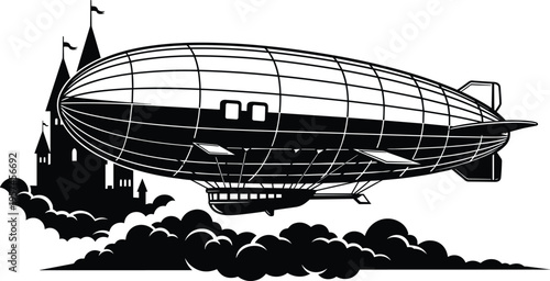Vintage airship zeppelin vector illustration, steampunk flying dirigible over castle skyline, retro aviation transport outline design for fantasy travel and historical technology concept