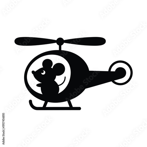 A charming black silhouette of a mouse piloting a helicopter