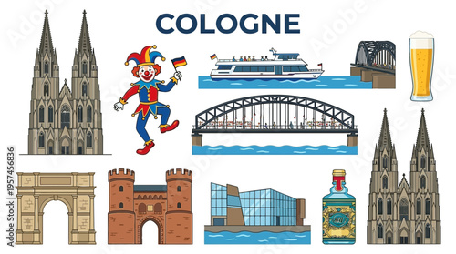 Cologne landmarks and symbols illustrated including the Cathedral bridges beer and carnival