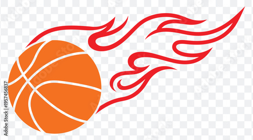 Orange basketball with abstract red flames emanating from behind isolated on transparent background