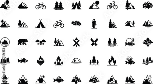 A collection of 36 small black silhouette icons on a white background