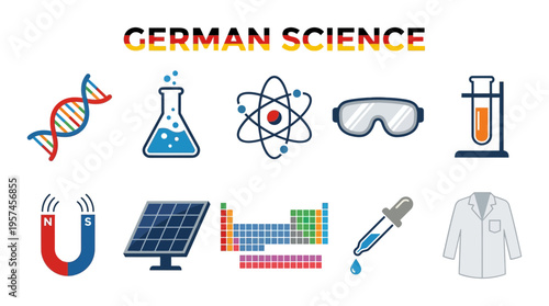 Graphic showing German Science text above ten colorful science icons in two rows