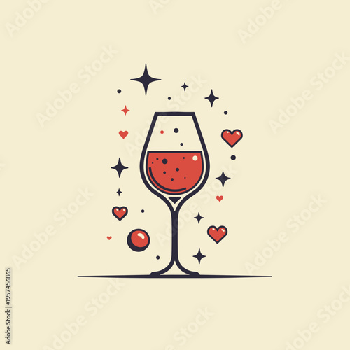 minimalist illustration of wine glass with red drink surrounded by hearts and stars on light beige background, simple line art of champagne or wine cup in flat decorative style