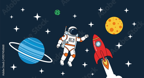 Astronaut exploring space with rocket and planets.