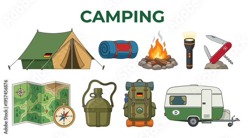 Collection of illustrated camping gear items on a white background