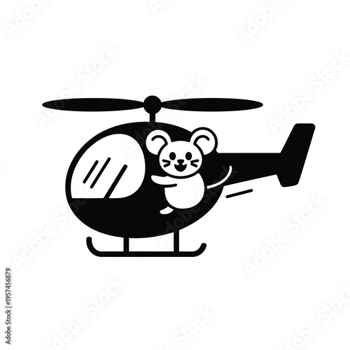 A charming black and white illustration of a koala piloting a helicopter