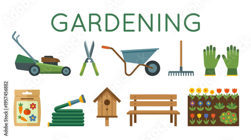 Flat illustration featuring the word GARDENING above rows of garden tools and plants