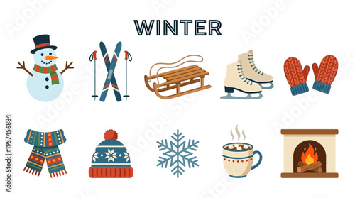 A set of ten flatstyle icons representing winter activities and objects on a white background
