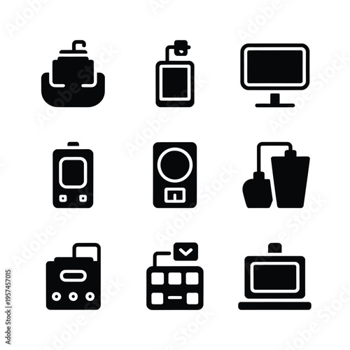 Collection of black silhouette icons representing various electronic devices