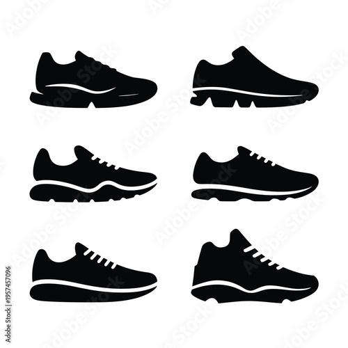Black silhouette illustrations depicting six different styles of sneakers