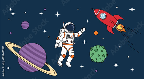 Astronaut floating in space with a rocket and planets.
