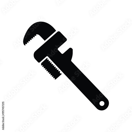 Simple black and white icon of a pipe wrench with adjustable jaw