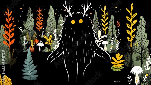 Whimsical Monster Illustration of Mythical Forest Creature Amidst Autumn Foliage on Black Background
