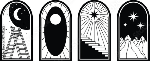 Four arched windows with celestial and mystical scenes