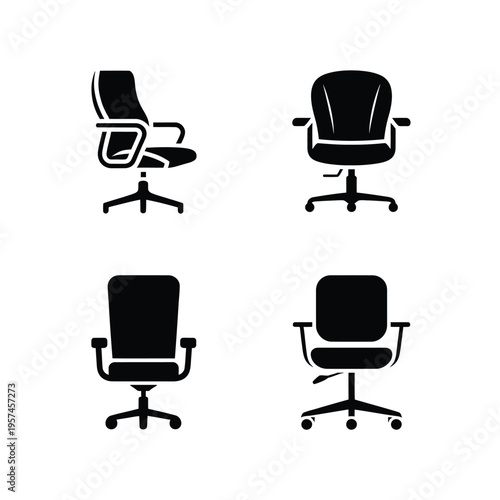 Four black office chairs depicted in simple flat vector style