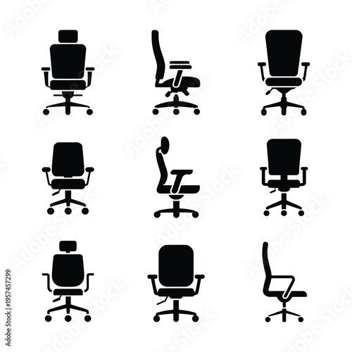 Collection of office chairs in a minimalist black silhouette style