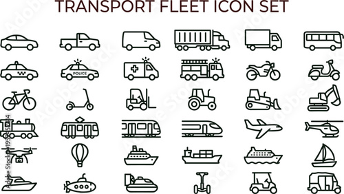 Transport fleet outline icon set featuring cars trucks rail aircraft marine mobility interface symbols for transportation applications