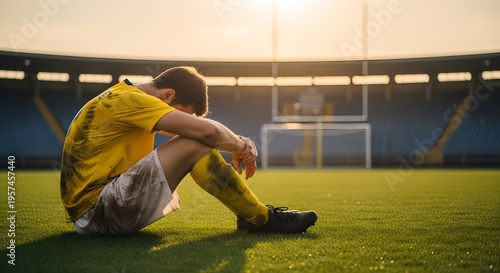 A sad soccer player sitting alone on a green field at sunset Professional soccer player in yellow and green kit intense action Brazil in 2026 soccer world championship.